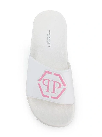 Shop Philipp Plein Front Logo Slippers In 03 White/ Pink