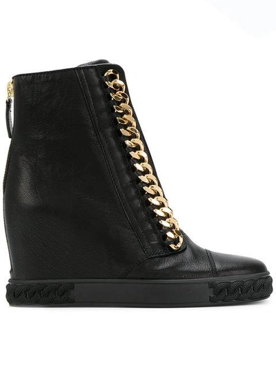 Shop Casadei Chain-trimmed Wedge Sneakers In Black