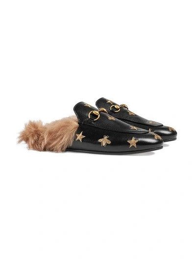 Gucci Black Embroidered Princetown Fur Lined Leather Mules | ModeSens