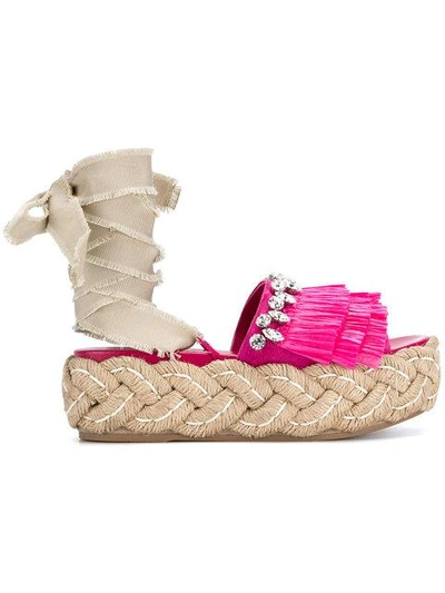Shop Miu Miu Fringed Embellished Sandals - Pink & Purple
