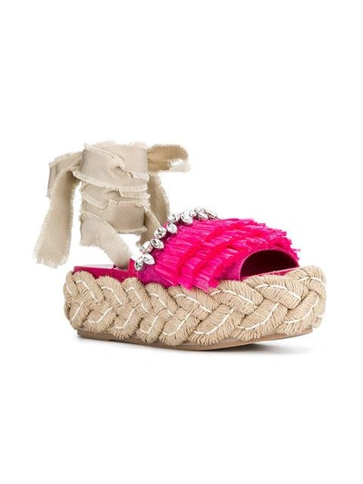 Shop Miu Miu Fringed Embellished Sandals - Pink & Purple