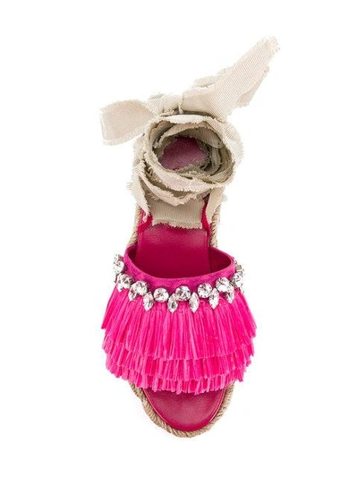 Shop Miu Miu Fringed Embellished Sandals - Pink & Purple