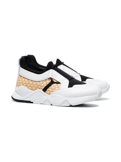 Shop Robert Clergerie White And Black Salvy Leather And Straw Sneakers