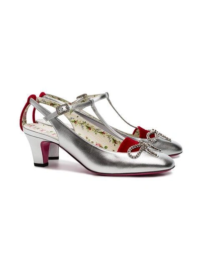 Shop Gucci Silver Anita 55 Velvet And Leather Pumps In Metallic