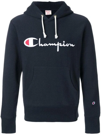 Shop Champion Logo Patch Hooded Sweatshirt In Blue