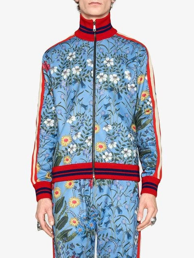 Gucci New Flora Print Jersey Track Jacket In Blue / Red | ModeSens