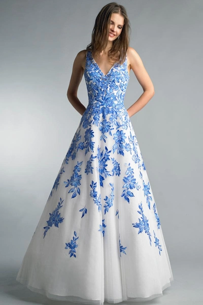 Shop Basix Black Label Blue White Sleeveless Floral A-line Evening Gown In Blue/white