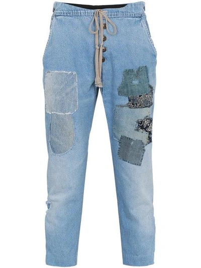 Shop Greg Lauren Patchwork Drawstring Waist Jeans In Blue