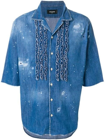 Shop Dsquared2 Ruffle Trim Denim Shirt - Blue