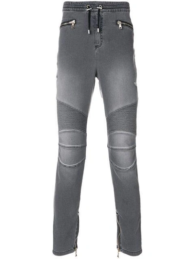 Shop Balmain Biker Skinny Trousers In Grey