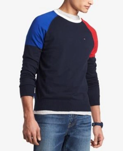Shop Tommy Hilfiger Men's Perry Colorblocked Raglan-sleeve Sweater, Created For Macy's In Navy Blazer