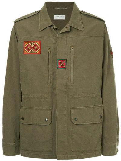 Shop Saint Laurent Patch Detail Military Parka Jacket In Green