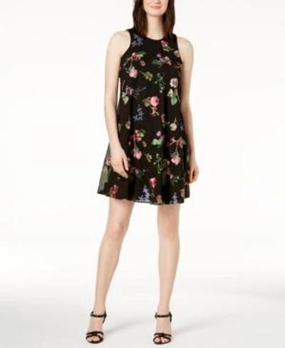 Shop Calvin Klein Floral Embroidered Shift Dress In Black Multi