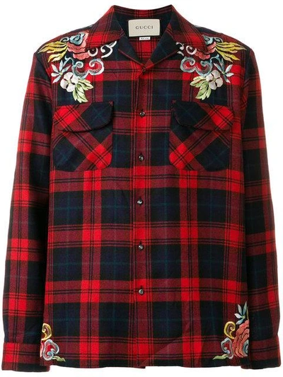 Gucci Dragon Embroidered Tartan Shirt In Rosso | ModeSens