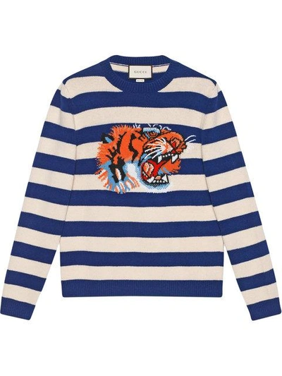 Shop Gucci Striped Wool Sweater With Tiger Head In Blue