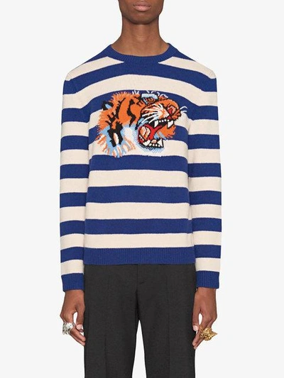 Shop Gucci Striped Wool Sweater With Tiger Head In Blue