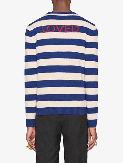 Shop Gucci Striped Wool Sweater With Tiger Head In Blue