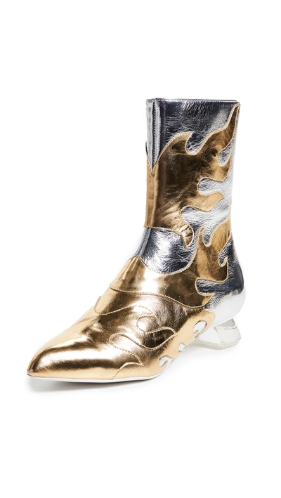 Shop Jeffrey Campbell Skyrocket Flame Ankle Boots In Silver/gold