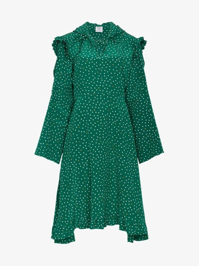 Shop Vetements Emoji Print Ruffle Hooded Silk Midi Dress In Green