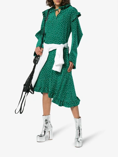 Shop Vetements Emoji Print Ruffle Hooded Silk Midi Dress In Green