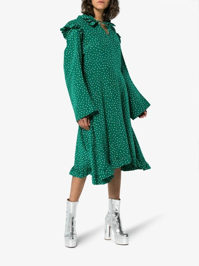 Shop Vetements Emoji Print Ruffle Hooded Silk Midi Dress In Green