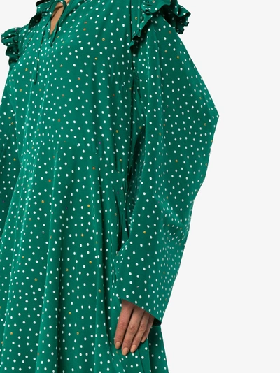 Shop Vetements Emoji Print Ruffle Hooded Silk Midi Dress In Green