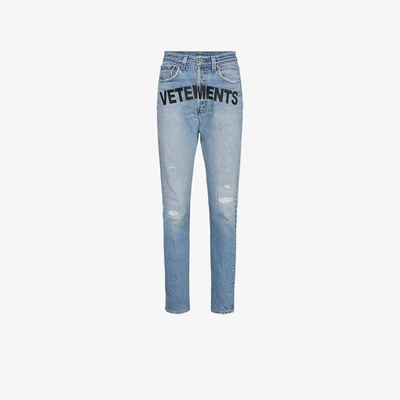 Vetements Levi's Slim Fit Logo Printed Denim Jeans In Blue | ModeSens