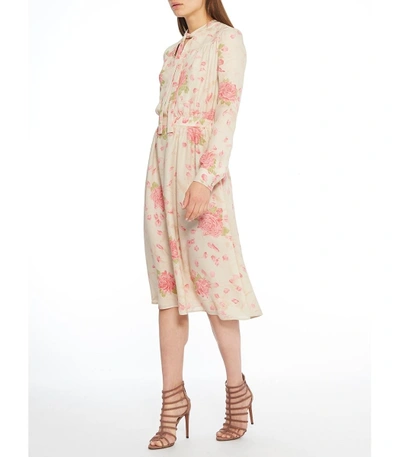 Shop Valentino Pink/beige Rose Print Silk Midi Dress