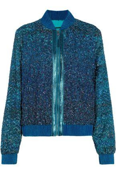 Shop Elie Tahari Brandy Embellished Tinsel Bomber Jacket In Azure