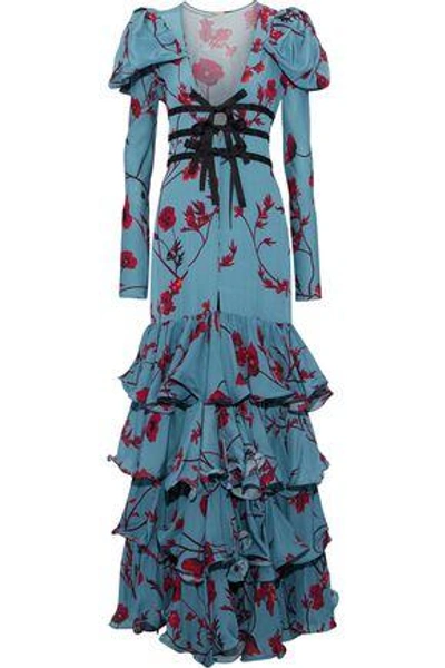 Shop Johanna Ortiz Woman Zingara Tiered Floral-print Silk-blend Gown Teal