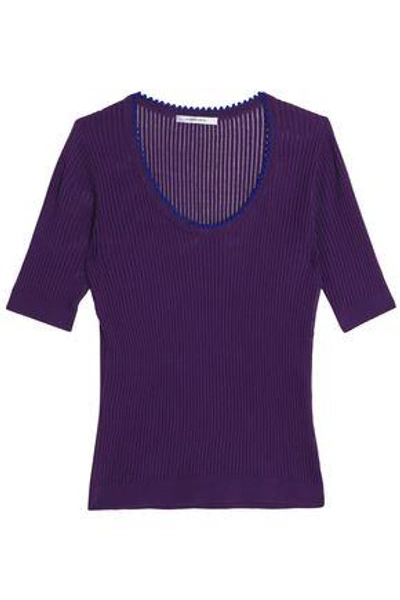 Shop Carven Woman Ribbed Cotton And Silk-blend Sweater Violet