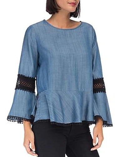 Shop B Collection By Bobeau Lace-inset Peplum Top In Medium Wash Blue