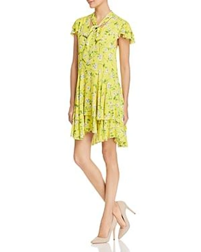 Shop Alice And Olivia Alice + Olivia Moore Floral Tie-neck Tunic Dress In Spring Primrose/lemon