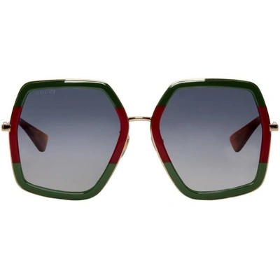 Shop Gucci Green & Red Oversized Web Sunglasses