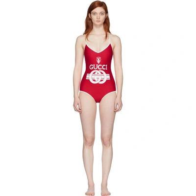 Shop Gucci Red And Off-white Logo Crest Swimsuit In 6668 Red