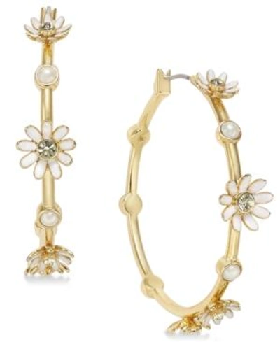 Shop Kate Spade New York Gold-tone Crystal & Imitation Pearl Flower Hoop Earrings In White Multi