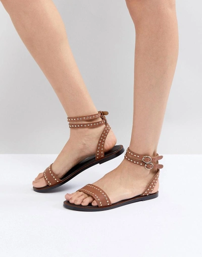 Shop Dune Tan Leather Studded Ankle Strap Sandal - Tan