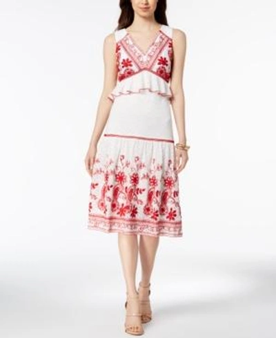 Shop Jax Embroidered Peplum Midi Dress In White/red