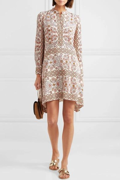 Shop Tory Burch Celeste Printed Silk Mini Dress In Beige