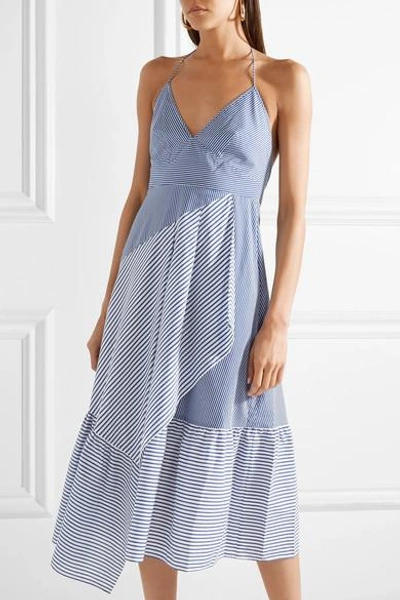 Shop Tibi Striped Cotton-blend Poplin Halterneck Dress In Blue