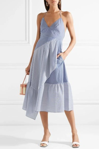 Shop Tibi Striped Cotton-blend Poplin Halterneck Dress In Blue