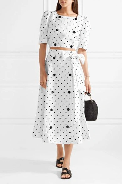 Shop Lisa Marie Fernandez Diana Embroidered Polka-dot Linen Midi Skirt In White