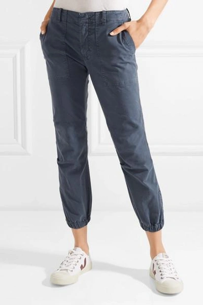 Shop Nili Lotan Cropped Stretch-cotton Twill Pants In Storm Blue