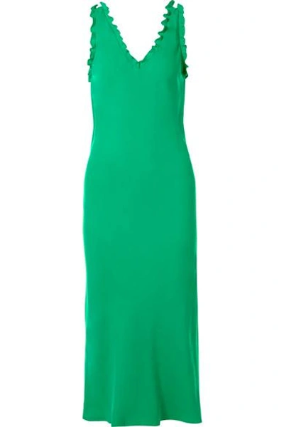 Shop Tibi Ruffle-trimmed Washed-satin Midi Dress In Green