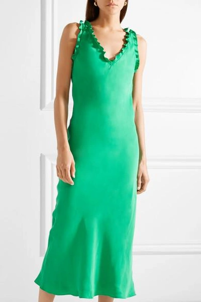 Shop Tibi Ruffle-trimmed Washed-satin Midi Dress In Green