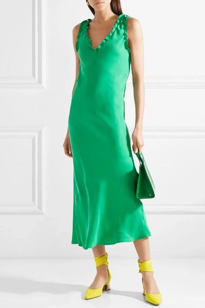 Shop Tibi Ruffle-trimmed Washed-satin Midi Dress In Green