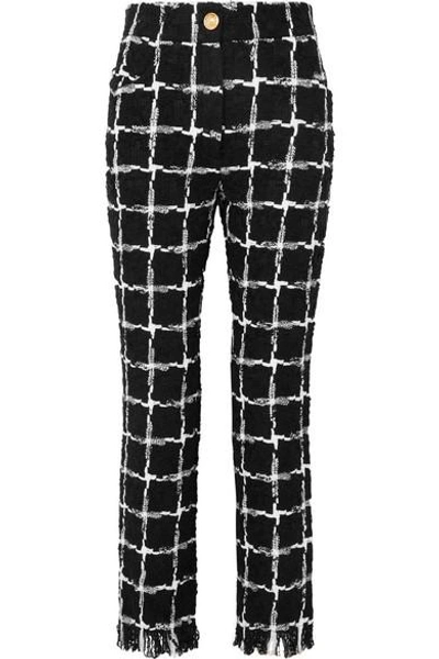 Shop Balmain Frayed Checked Tweed Straight-leg Pants In Black