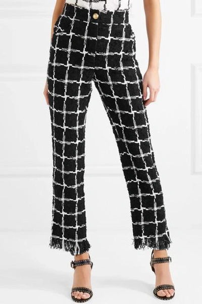 Shop Balmain Frayed Checked Tweed Straight-leg Pants In Black