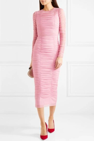 Shop Dolce & Gabbana Ruched Stretch-tulle Midi Dress In Pink