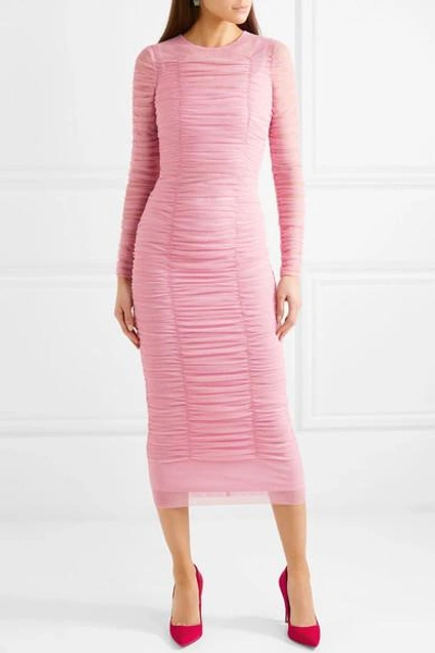 Shop Dolce & Gabbana Ruched Stretch-tulle Midi Dress In Pink
